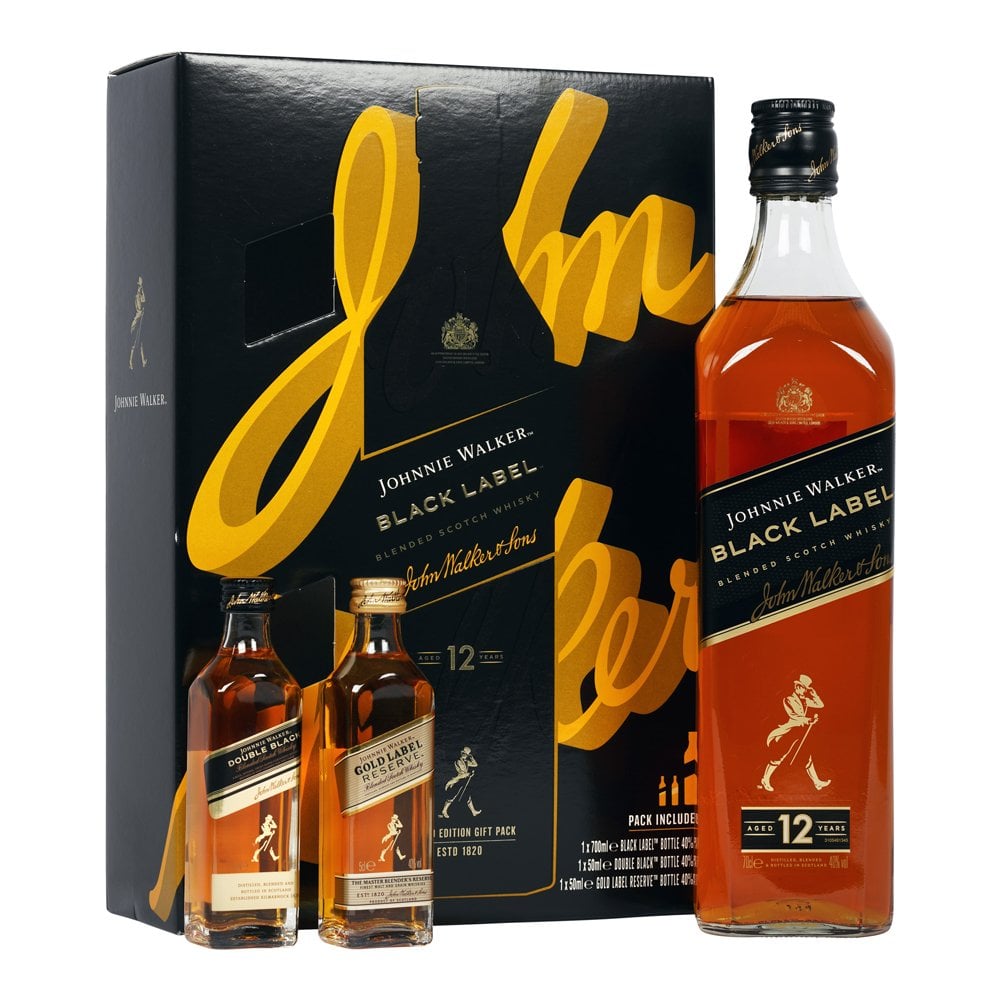 Johnnie Walker Black Label 12 Year Whisky 70cl Gift Set with Miniatures